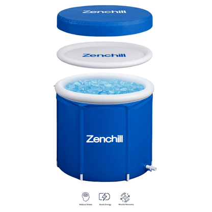ZenZone ice bath filled with water and ice and with the lid above it 